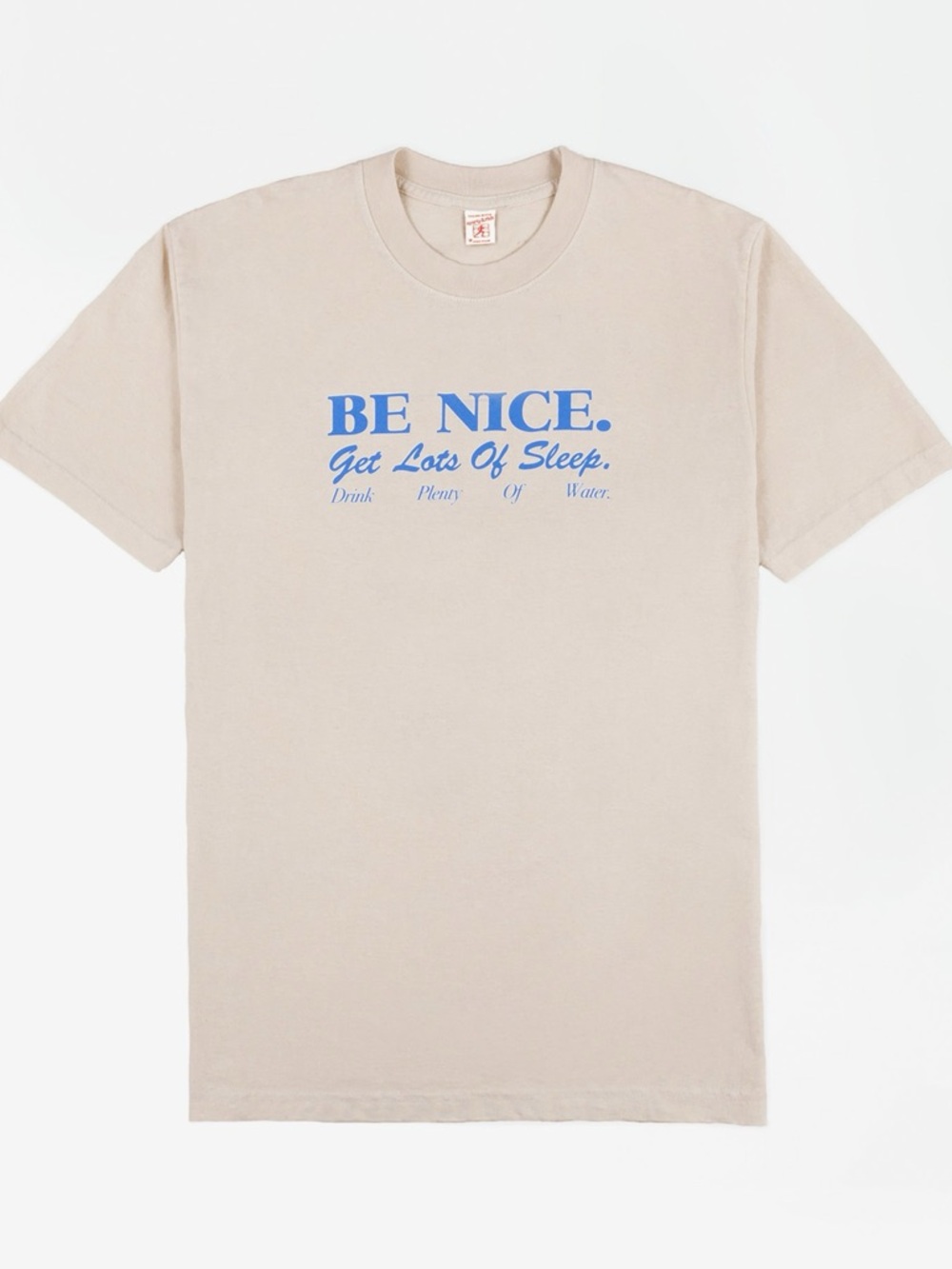 Sporty & Rich Beige Short-Sleeve Tee with Blue 'BE NICE' Graphic